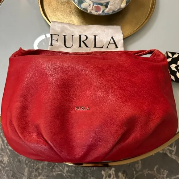 FURLA | Cherry Red Satchel w/Popping White on Black Polka Dot Interior - Picture 3 of 16
